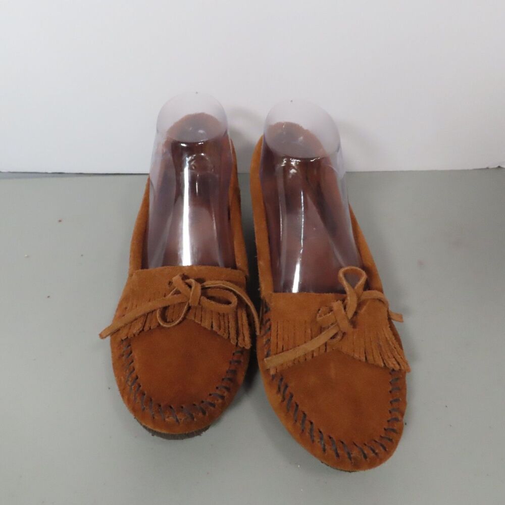 Minnetonka Womens Brown Suede Fringe Kilty Wedge Moccasins Loafers Shoes size 9